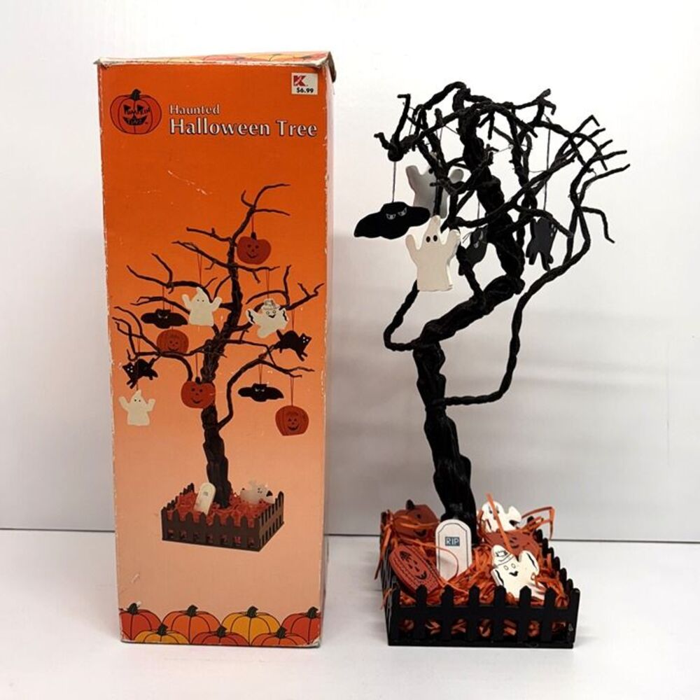 Vtg Haunted Halloween Tree w/ Wooden Ornaments and Original Box Graveyard Kmart